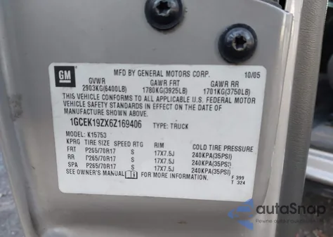 2006 Chevrolet Silverado 1500 Lt1 from USA, damaged, VIN 1GCEK19ZX6Z169406